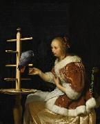 Frans van Mieris A Young Woman in a Red Jacket Feeding a Parrot oil